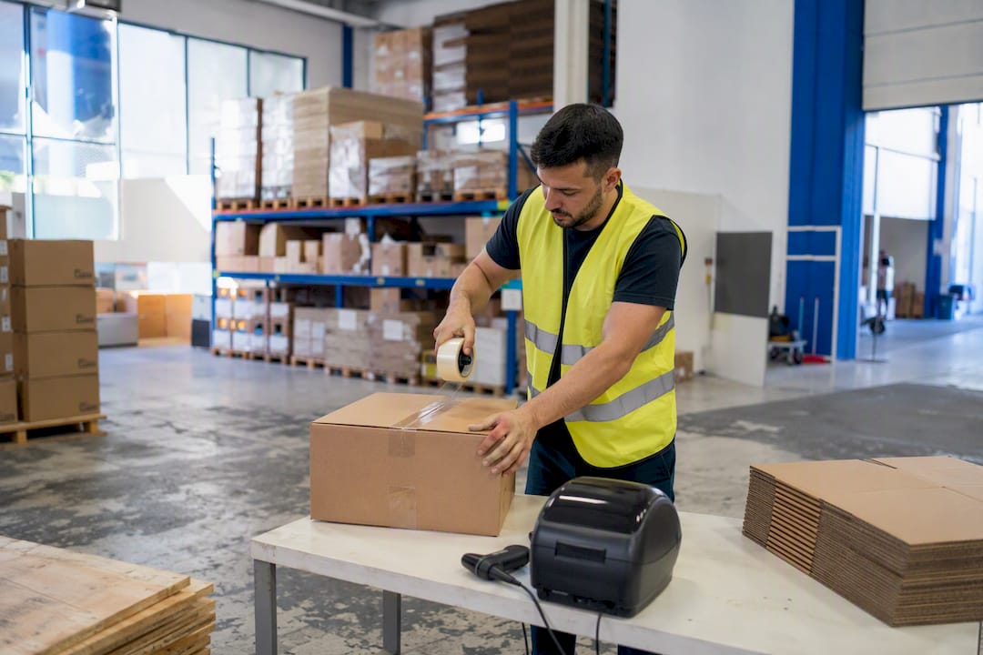 Warehouse worker packing shipping boxes
