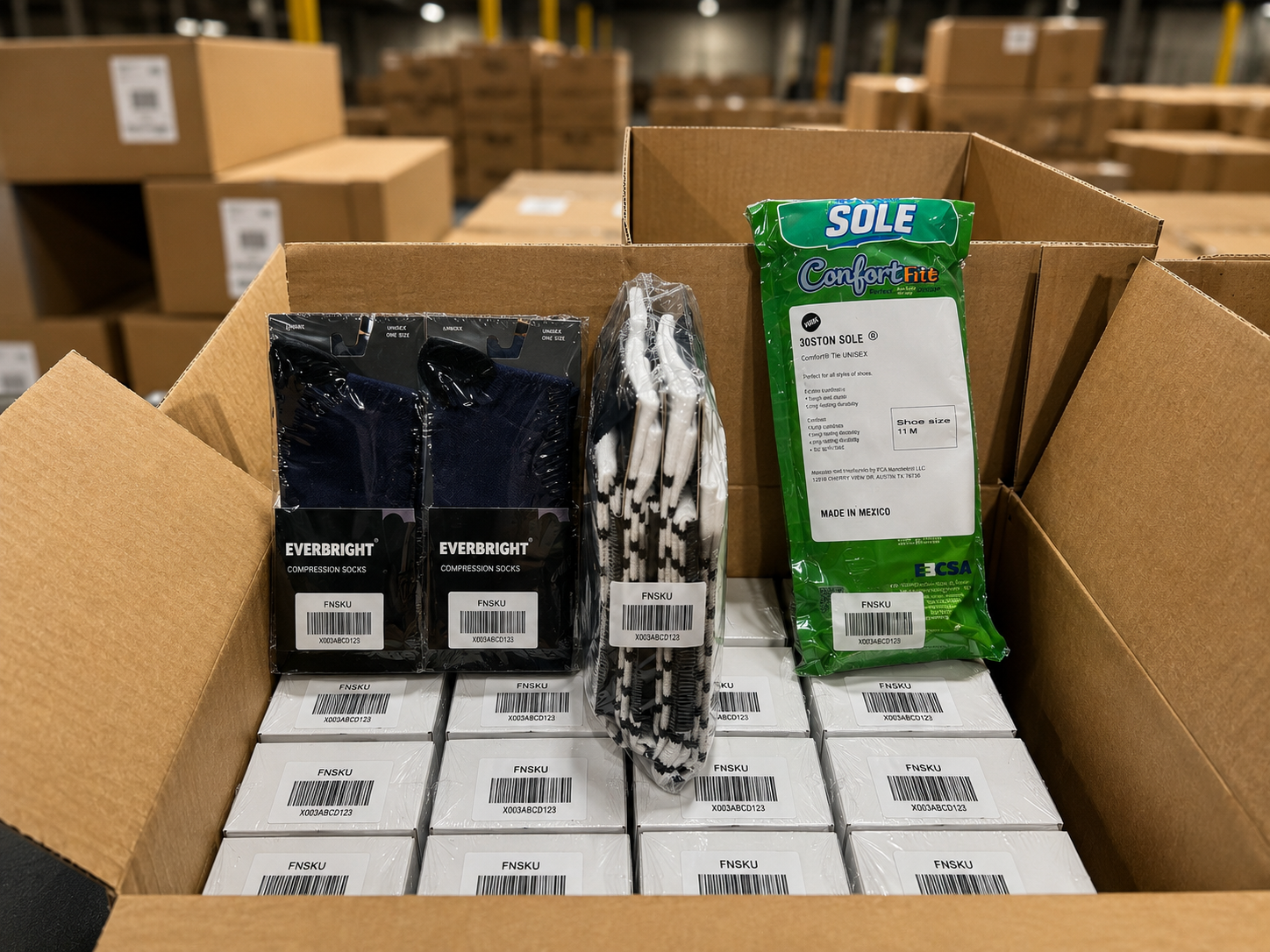 Retail units polybagged and FNSKU labeled in a case ready for Amazon