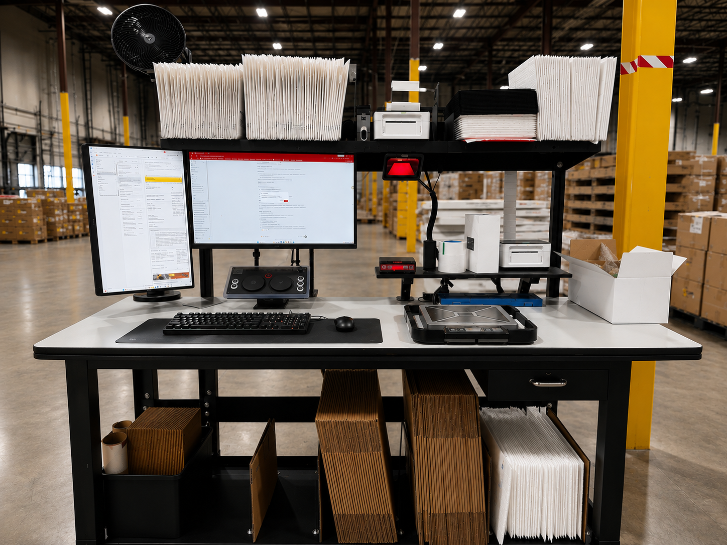 Pick and pack station with scanner, scale, and label printer