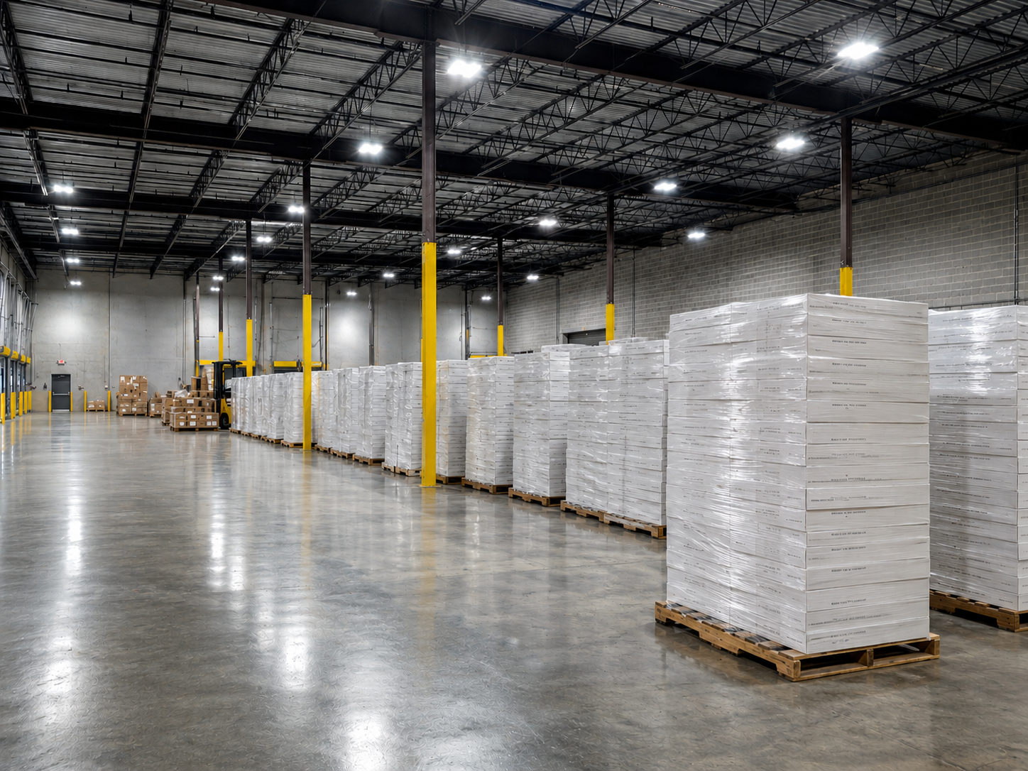 Rows of shrink wrapped pallets staged on the floor at Envio's Houston warehouse